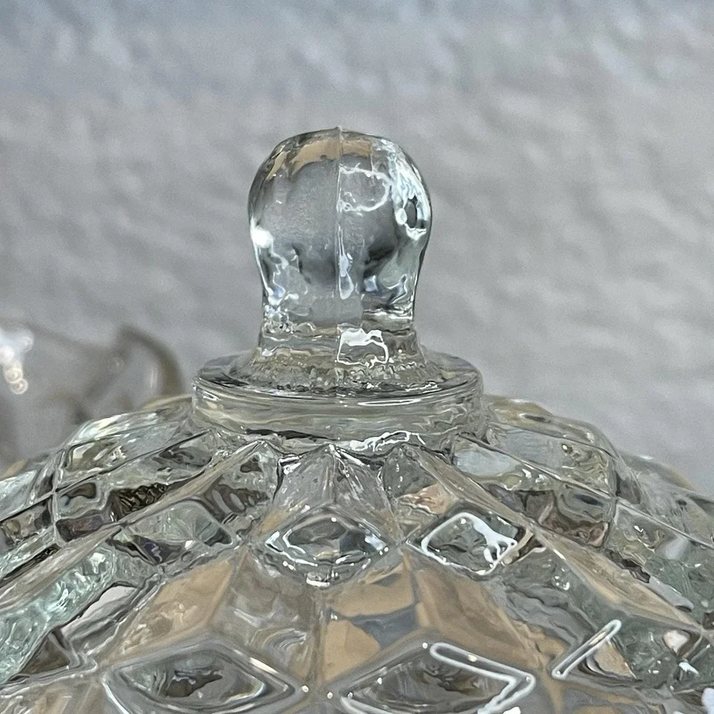 Vintage Fostoria American Cubist Pattern Clear Glass Creamer &‎ Sugar Set W/Lid